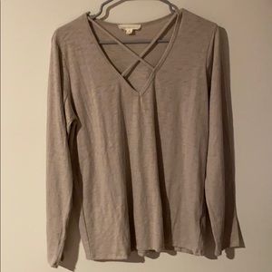 tan cross v-neck long sleeve shirt